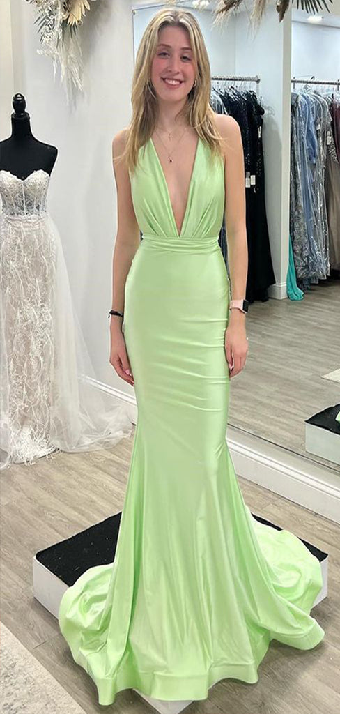 Sexy Fresh Green Mermaid V Neck Sleeveless Lace Up Cheap Maxi Long Party Prom Gowns,Evening Dresses,WGP508