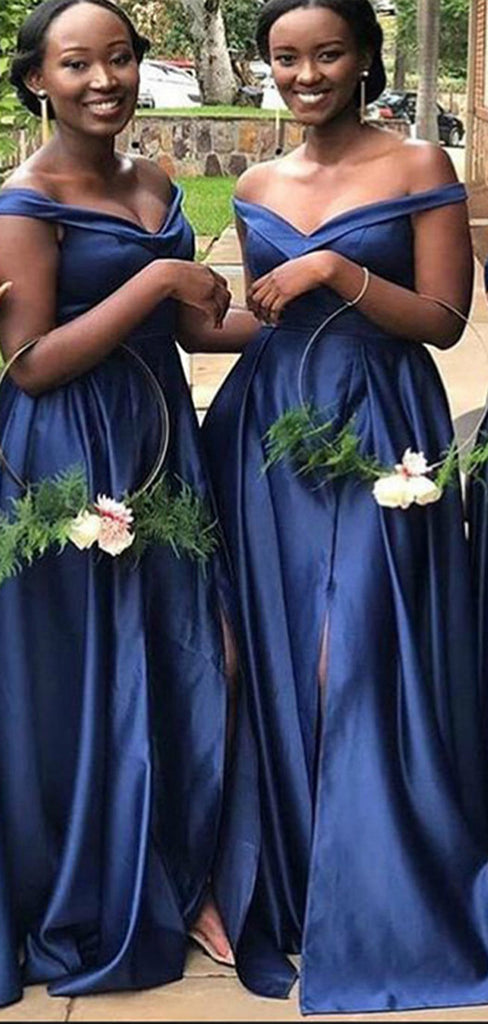 Unique Royal Blue A-Line Off Shoulder Side Slit Cheap Maxi Long Wedding Guest Bridesmaid Dresses,WGM201