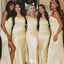 Elegant Champagne One Shoulder Satin Bridesmaid Dress Long Mermaid Gown with Side Slit,WGM471