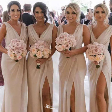Elegant Beige V-Neck Sleeveless Mermaid Side Slit Long Bridesmaid Dresses Online,WGM434
