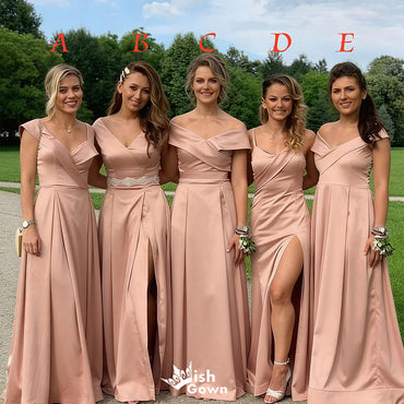 Fancy V Neck A-Line Bridesmaid Dress with Pleated Bodice and Sexy Leg Slit Satin Wedding Guest,WGM478
