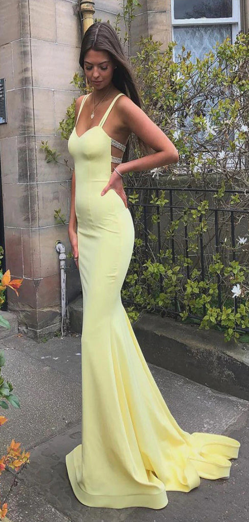 Elegant Yellow Mermaid Spaghetti Straps V Neck Long Formal Prom Gowns,Evening Dresses,WGP381