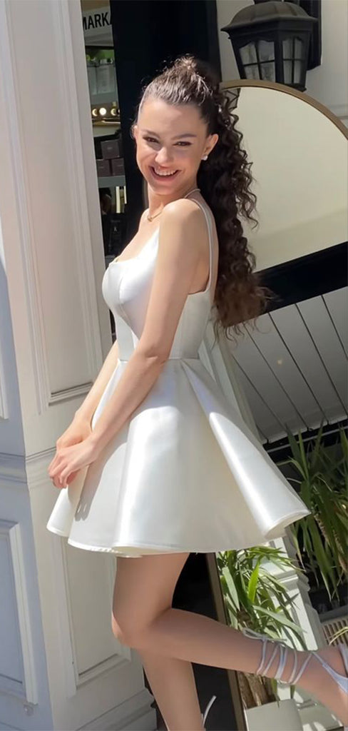 Elegant White Square Ball Gown Spaghetti Strap Popular Cheap Short Homecoming Dresses, EPT257