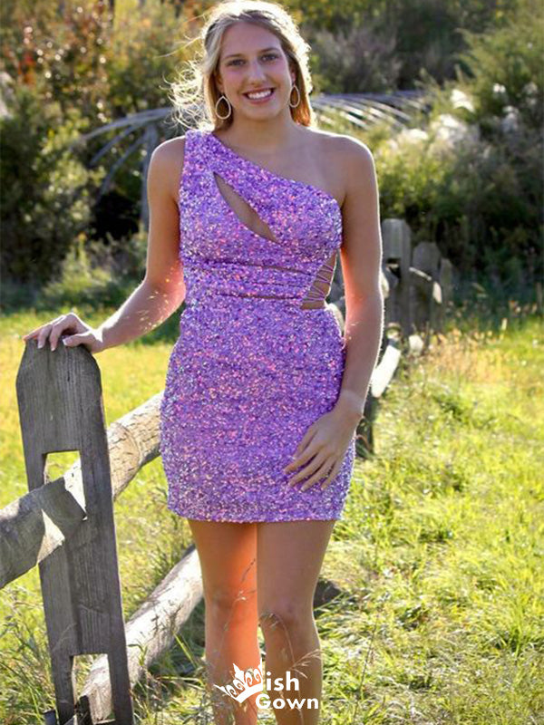 Shiny Purple Mermaid One Shoulder Sequin Short Homecoming Dresses, EPT132