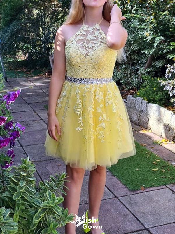 Elegant Yellow Halter Sleeveless Applique Sequin Cheap Short Homecoming Dresses, EPT190