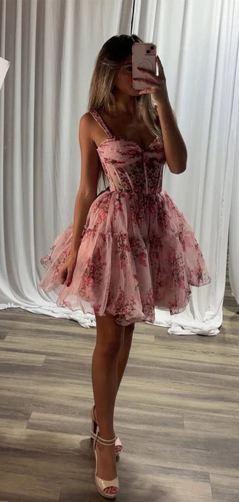 Cute Pink Spaghetti Strap A-Line Short Homecoming Dresses For Party, EPT677