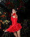 Sexy Red Spaghetti Strap Long Sleeve A-Line Short Homecoming Dresses For Party, EPT673