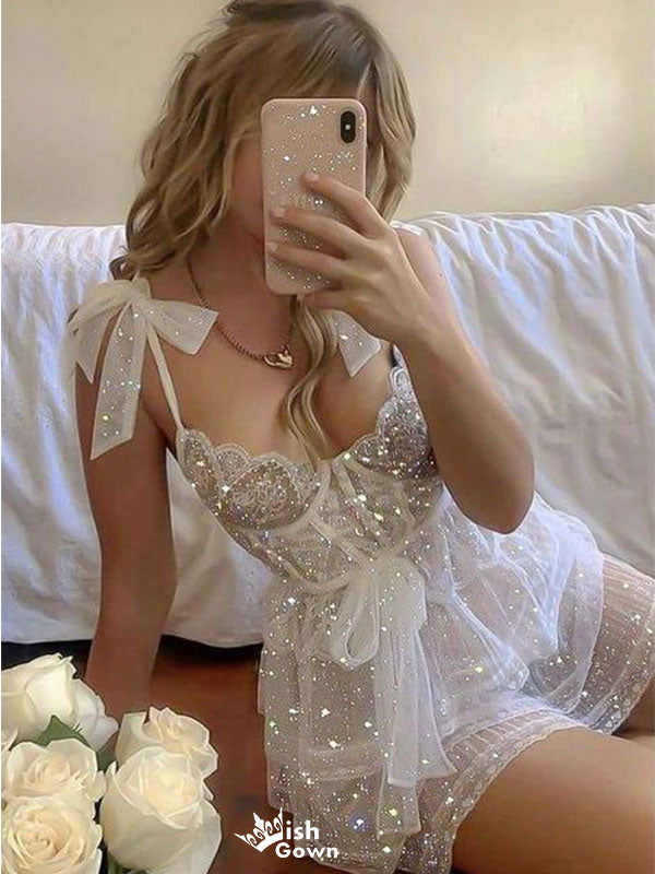 Sparkly White Spaghetti Strap A-Line Short Homecoming Dresses For Birthday Party, EPT711