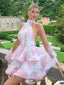 Pretty Halter Backless Floral Print Organza Homecoming Dresses, EPT718