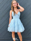 Gorgeous Blue Spaghetti Straps V Neck Knee Length Homecoming Dresses, EPT126