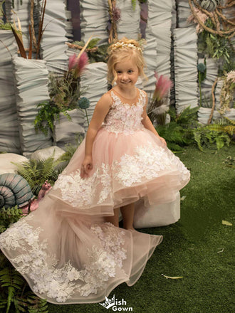 Unique Pink High Low Sleeveless Floral Long A-Line Flower Girl Dress,FG030