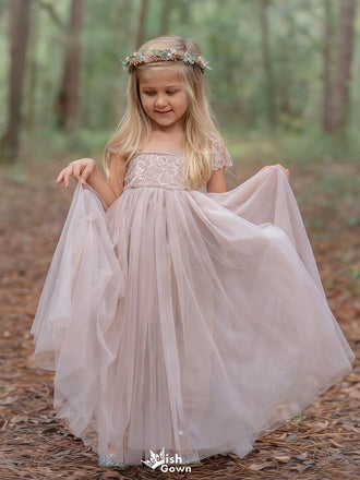 Cute Pink Short Sleeve Floral Long A-Line Flower Girl Dress, FG029