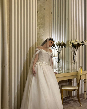 Floral White Off-Shoulder A-Line Long Wedding Dresses With Sweep Trailing,WDH186