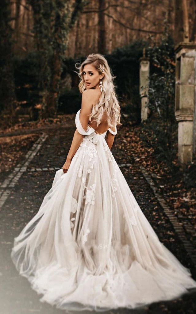 Unique Off Shoulder Floral Lace Wedding Dress A Line Tulle Bridal Gown,WDH189