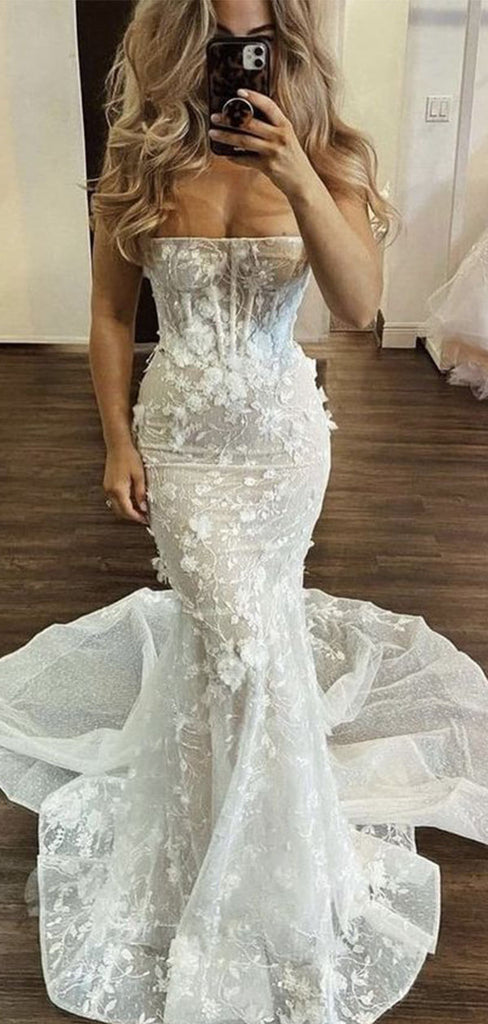 Sexy White Sweetheart Mermaid Long Wedding Dresses With Sweep Trailing ,WDH173
