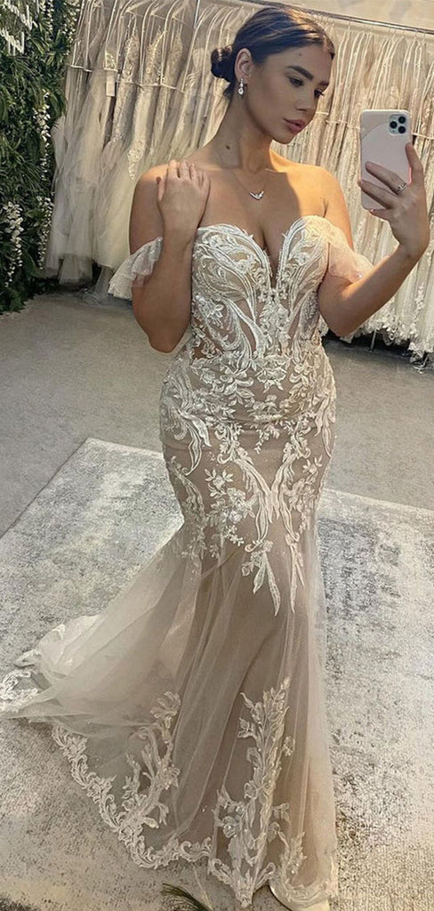 Elegant White Off-Shoulder Sleeveless Mermaid Long Wedding Dresses With Sweep Trailing,WDH176