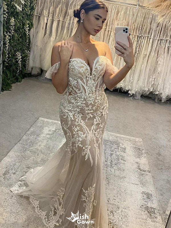 Elegant White Off-Shoulder Sleeveless Mermaid Long Wedding Dresses With Sweep Trailing,WDH176