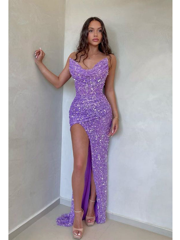 Sexy Lilac Mermaid Strapless Side Slit Maxi Long Party Prom Dresses,WGP282