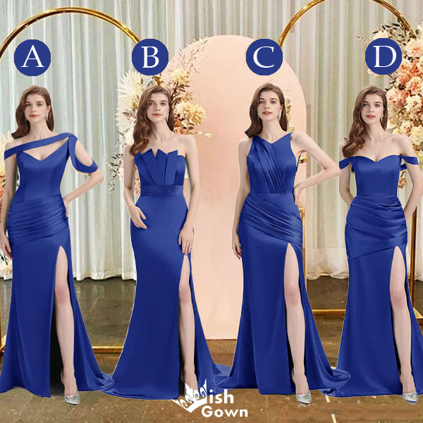 Royal Blue Mermaid Sexy High Slit Burnt Brown Satin Long Bridesmaid Dresses, WGM012