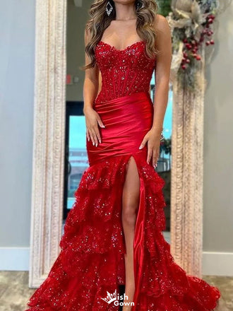 Gorgeous Red Sweetheart Mermaid Side Slit Long Prom Dress Ideas, Evening Party Dresses ,WGP1872