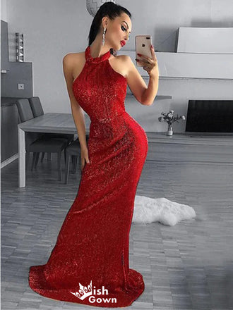 Sexy Red Mermaid Sequin Backless Maxi Long Party Prom Dresses,WGP286