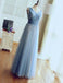 Blue V Neck Tulle Affordable Elegant Formal Long Prom Dresses, WG1007 - Wish Gown