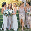 Simple Cheap Satin Chiffon Spaghetti Strap Side Split Long Bridesmaid Dresses for Beach Wedding Party, WG100