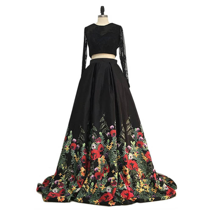 Black Long Sleeves Two Pieces Elegant Affordable Long Prom Dresses, WG1025 - Wish Gown