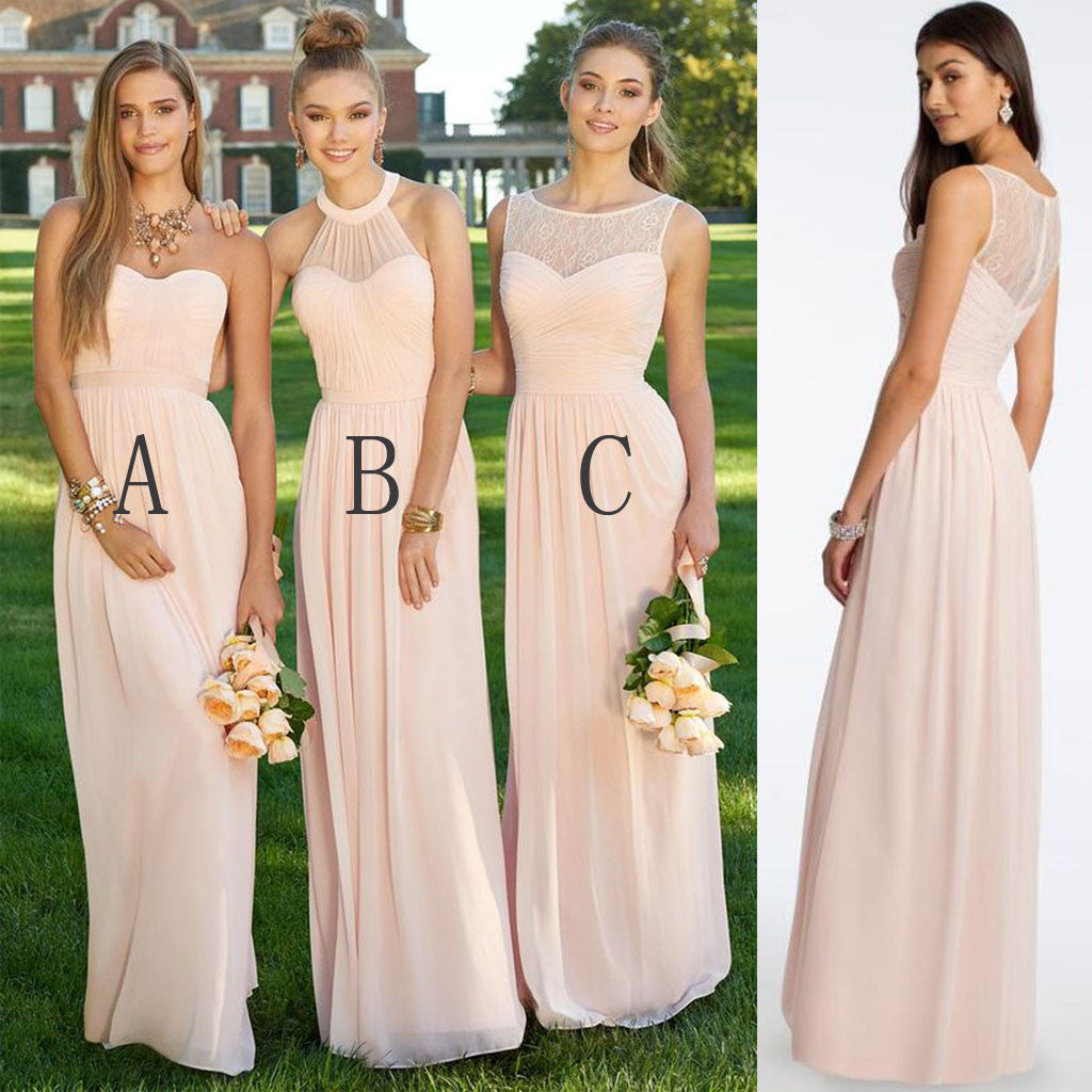 Mismatched Different Styles Chiffon Blush Pink Modern Formal Floor-Length Cheap Bridesmaid Dresses, WG103