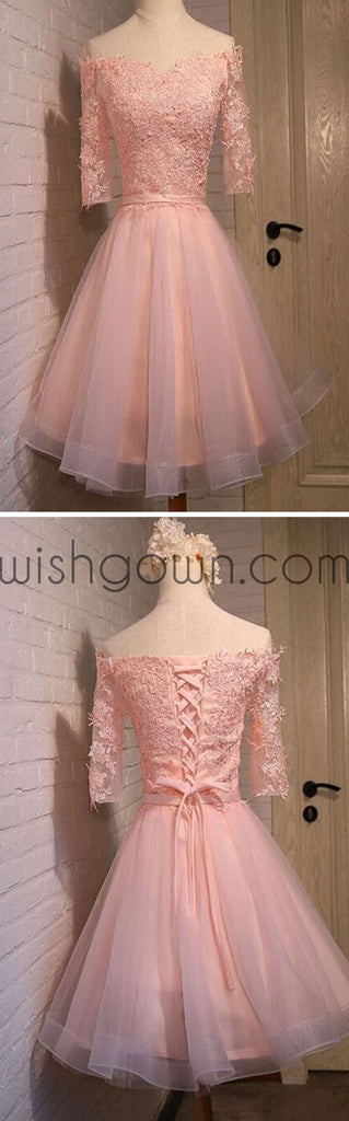 Pink lace off shoulder with half sleeve cute freshman graduation homecoming prom dress,BD00125