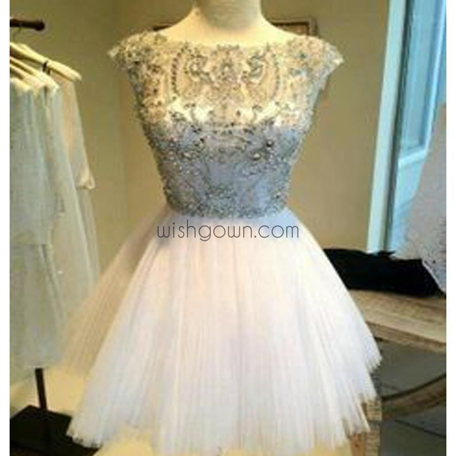 Cap sleeve sparkly mini for teens casual white graduation homecoming dresses, BD00140 - Wish Gown
