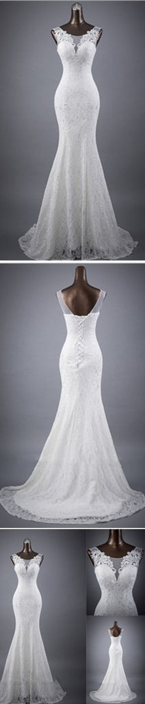 Elegant Sleeveless Mermaid Lace Up Popular White Lace Wedding Dresses, WD0142 - Wish Gown