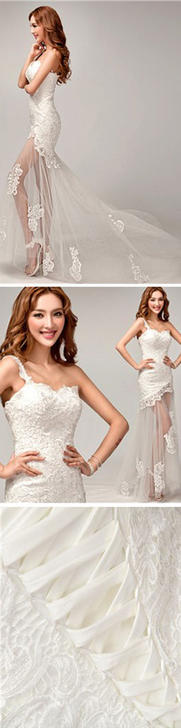 Chic Design One Shoulder Lace Top See Through Sexy Mermaid Lace Up Wedding Dresses, WD0143 - Wish Gown