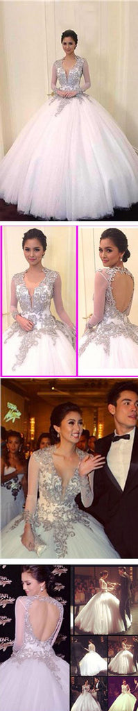 Cheap V-neck Long Sleeve Silver Lace Open Back Ball Gown Wedding Dresses, WD0151 - Wish Gown