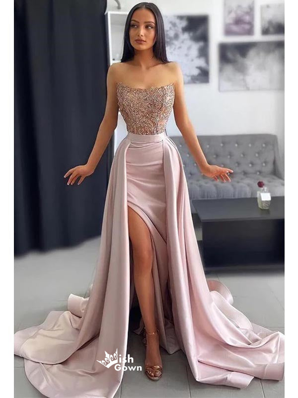 Sexy Pink Mermaid Strapless Side Slit Maxi Long Evening Prom Dresses, WGP257