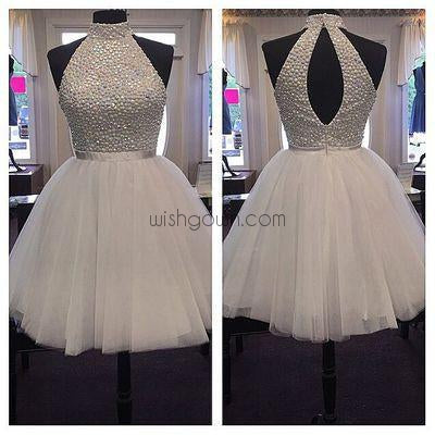 Halter Sexy Open back White homecoming prom dresses, CM0005