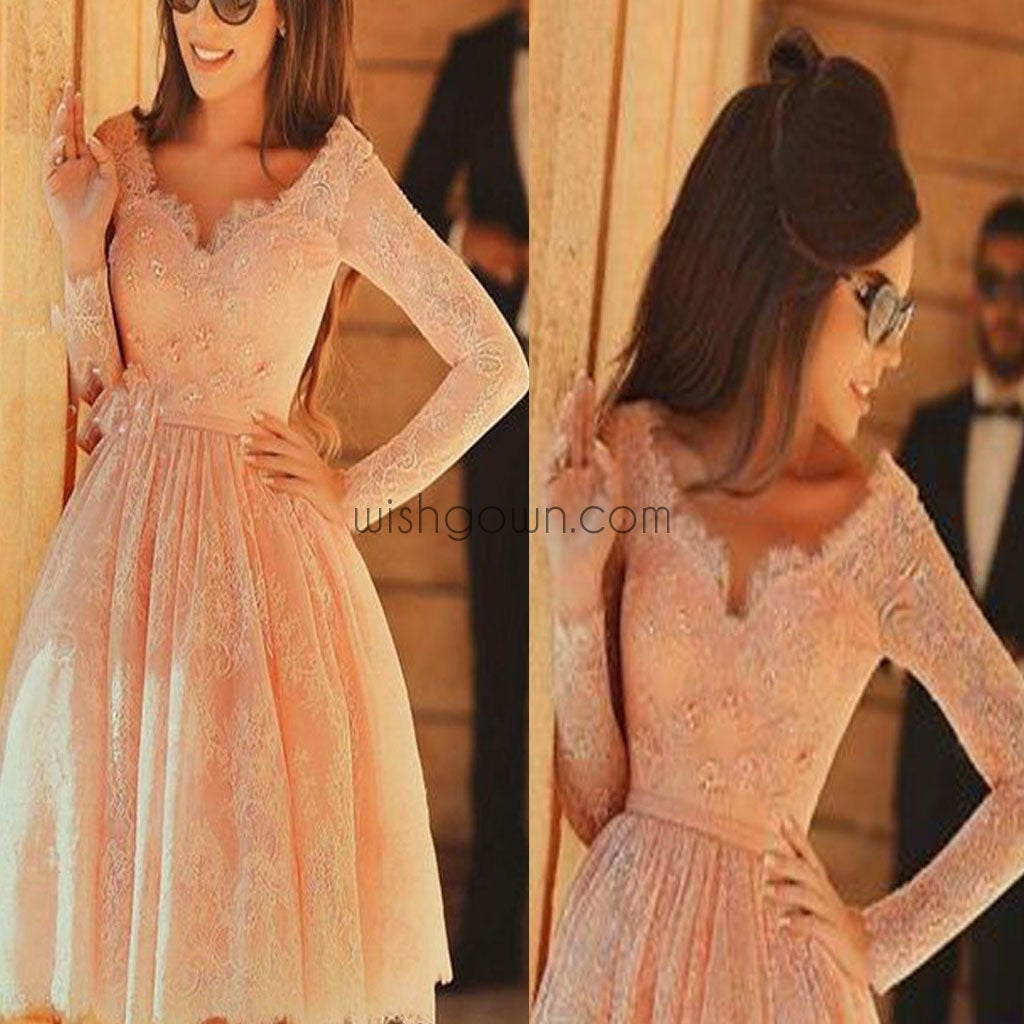 Charming Long Sleeve Pink Lace Knee-length V-neck Homecoming Prom Gown Dress, BD0018
