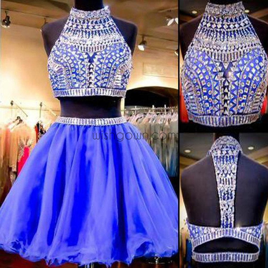 Sexy 2 pieces beaded Royal Blue short homecoming prom dresses, CM0028