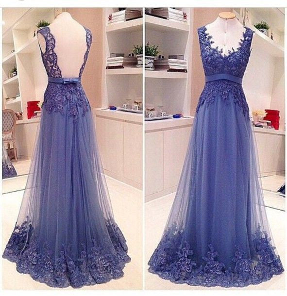 A Line Formal V Neck Lace See Through Back Pretty Popular Long Prom Dresses, WG221 - Wish Gown