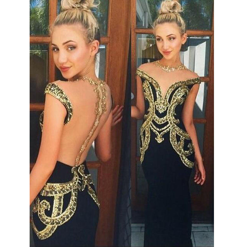 Black Unique See Through Back Gold Rhinestone Cap Sleeve Cheap Long Prom Dresses, WG276 - Wish Gown