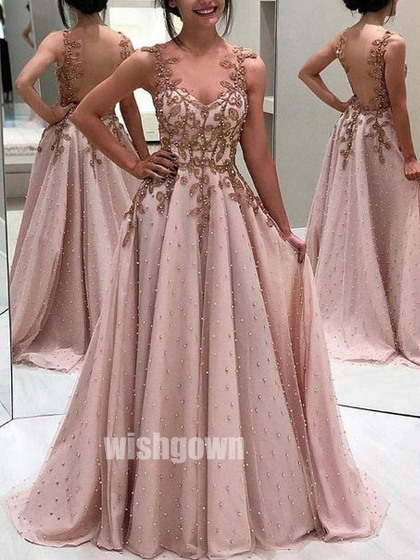 Chaming Pink Open-back Beading Long Prom Dresses PG1196