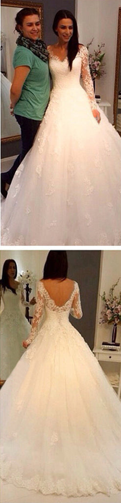 Charming V-Neck Long Sleeve Lace Wedding Party Dresses, Gorgeous Bridal Gown, WD0032 - Wish Gown