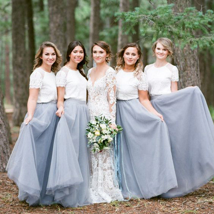 Lace Short Sleeves Tulle Long Wedding Party Dresses Cheap Charming Bridesmaid Dresses, WG387
