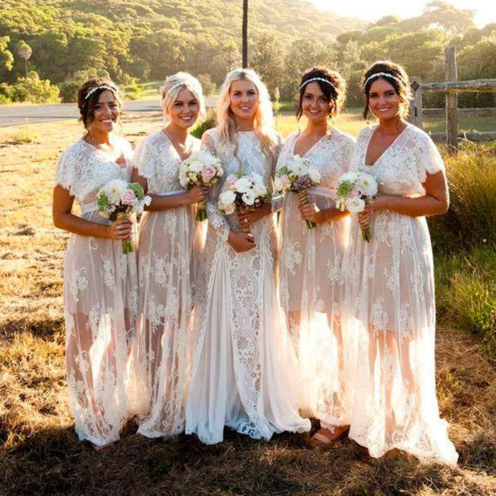 Charming Lace Short Sleeves Unique Long Bridesmaid Dresses, WG390 - Wish Gown
