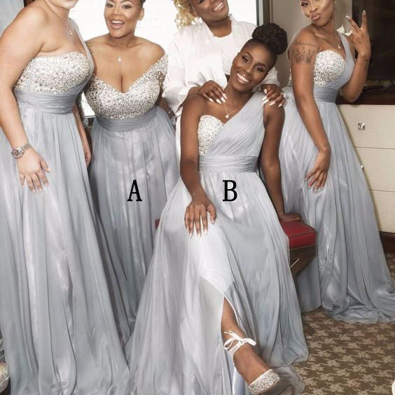Beading Top One Shoulder Sliver/Light Grey Long Bridesmaid Dresses, WG402 - Wish Gown