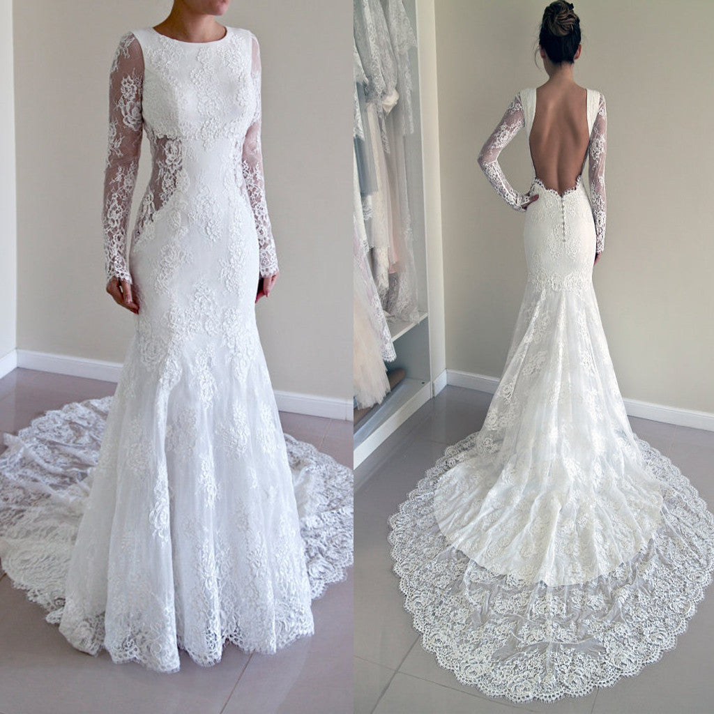 Gorgeous Round Neck Long Sleeve Sexy Mermaid Backless Lace Wedding Party Dresses, WD0040 - Wish Gown