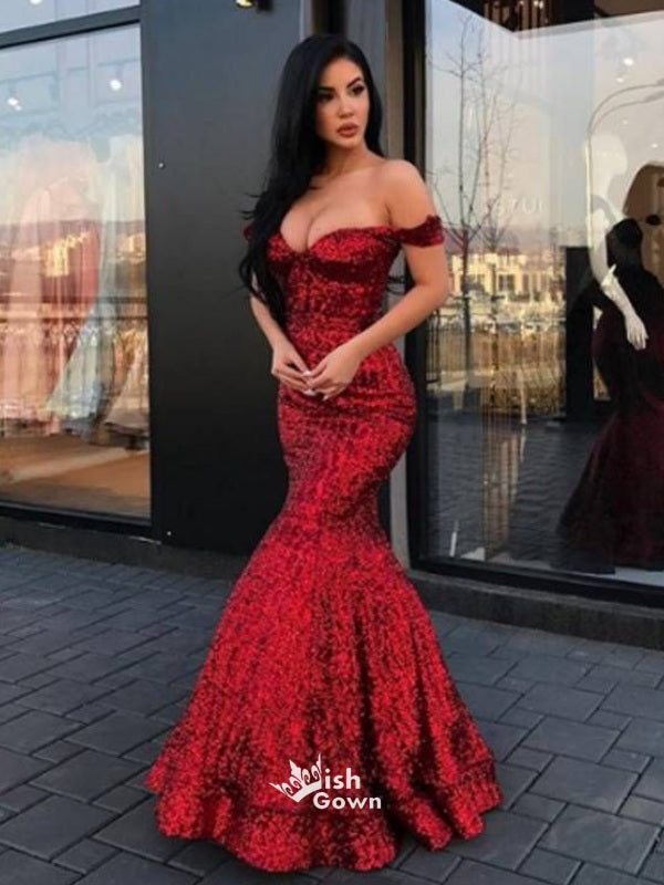 Backless Off Shoulder Mermaid Red Sequin Cheap Long Prom Dress Evening Gown, WG469