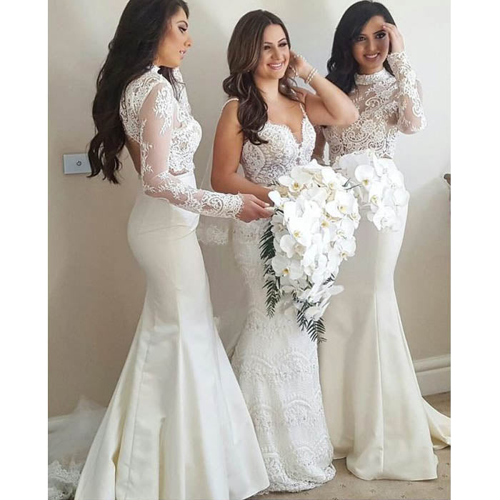 2 Pieces Long Sleeves Lace Sexy Mermaid Long Wedding Bridesmaid Dresses, WG449 - Wish Gown