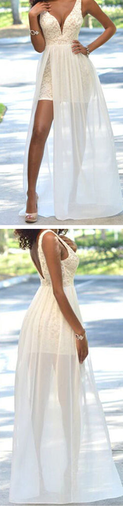 Cheap Popular Simple Ivory Lace Side Slit Chiffon Wedding Party Dresses, WD0048 - Wish Gown