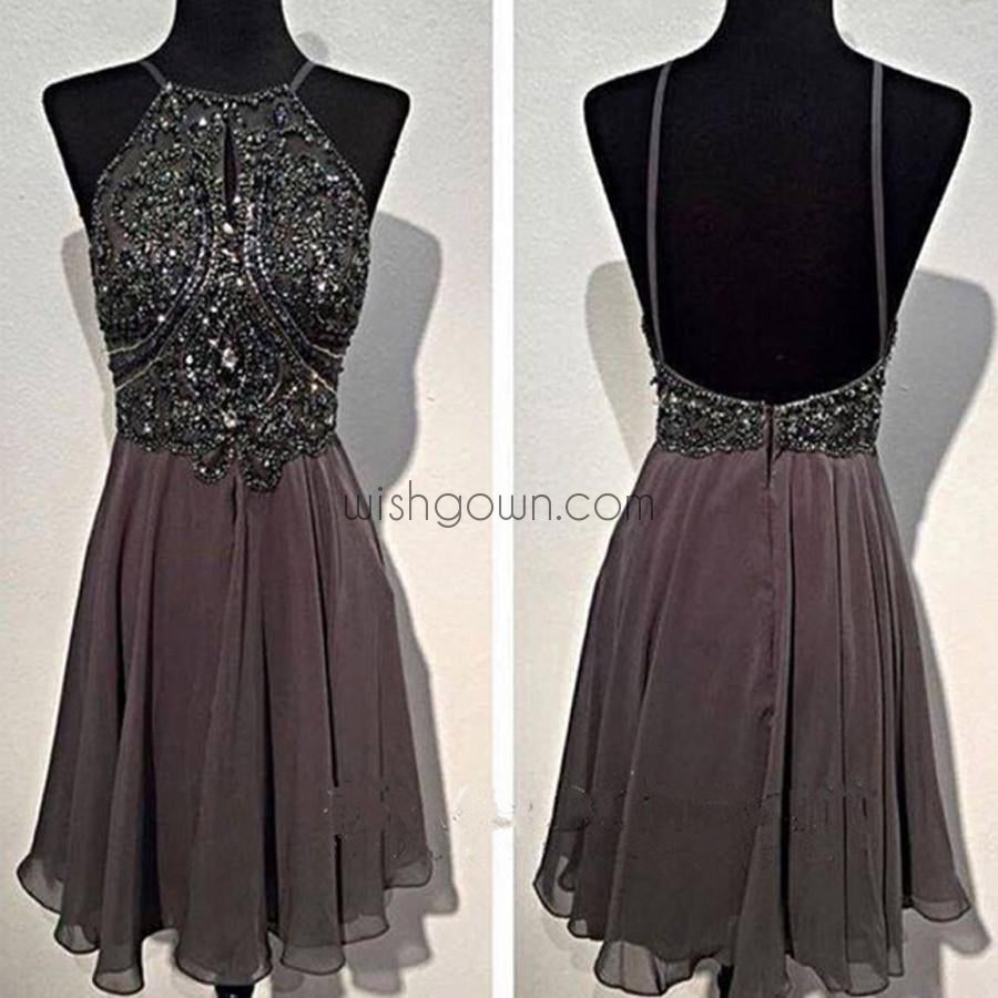 Dark grey sparkly special vintage open back sexy popular homecoming prom dress,BD0049 - Wish Gown